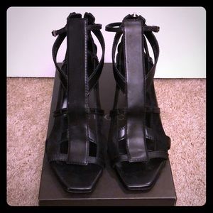 Gucci black leather and suede strappy heels